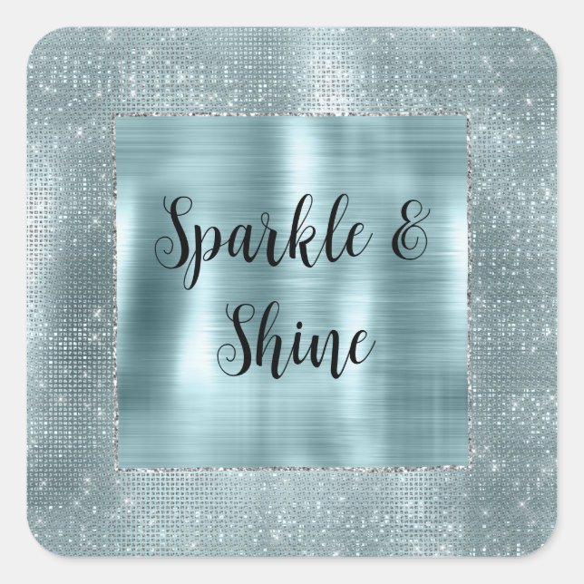 Glam Aqua Glitzy Silver Sparkle Quadratischer Aufkleber (Vorderseite)