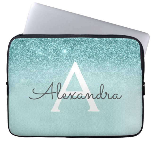 Glam Aquamarin Aqua Blue Glitzer und Sparkle Monog Laptopschutzhülle (Vorderseite)