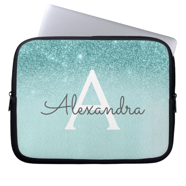 Glam Aquamarin Aqua Blue Glitzer und Sparkle Monog Laptopschutzhülle (Vorderseite)
