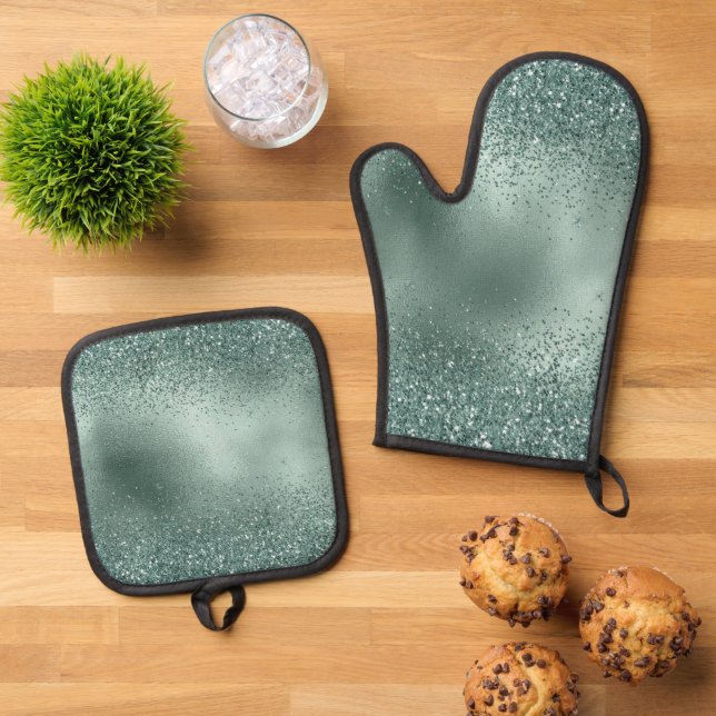 Glam Aquamarin Aqua Pine Green Glitzy Glitzer Ofenhandschuh & Topflappen-Set (Oben Unten)