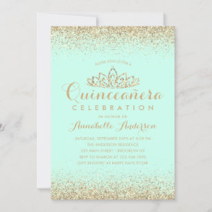 Glam Aquamarin Aqua Quinceañera Gold Tiara Glitzer Einladung