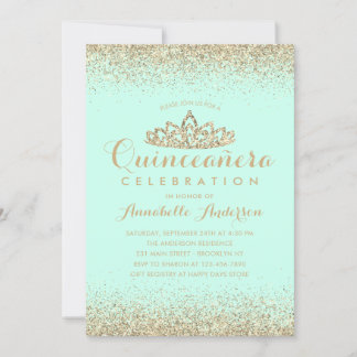 Glam Aquamarin Aqua Quinceañera Gold Tiara Glitzer Einladung