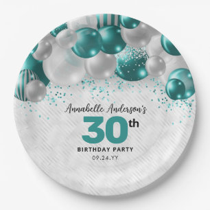 Glam Aquamarin Green Silver Ballon Glitzer Geburts Pappteller