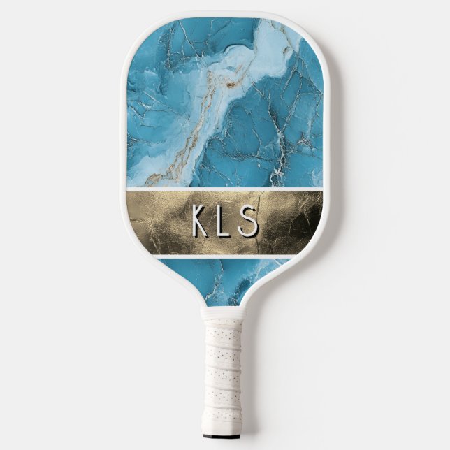 Glam Aquamarin Marble Gold Foil Monogram Pickleball Schläger (Rückseite)