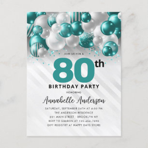 Glam Aquamarin Silver Balloon Glitzer 80. Geburtst Postkarte