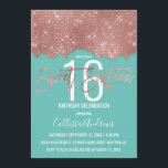 Glam Aquamarine Rose Gold Glitzer Farbblock Sweet  Einladung<br><div class="desc">Diese glamouröse und schicke Einladung Sweet 16 ist das perfekte Design für ein glänzendes und modernes Event. Das Design besteht aus einem eleganten und trendigen Imitat gedruckt Rose Gold funkelnd Glitzer-Sequenzer, künstlerisch geschnitten Farbblock auf einem einfachen, aquamarinen blauen Hintergrund. Auch die Rose Gold Pinselstrich Typografie ist ein Merkmal dieser Glam...</div>