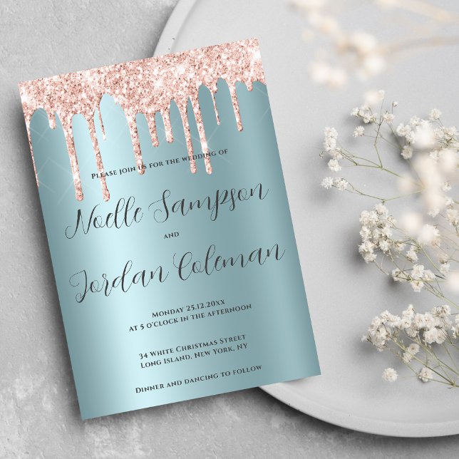 Glam aquamarine Rose Gold Glitzer Tropfen Drehbuch Einladung (Glam teal rose gold glitter drips script wedding)