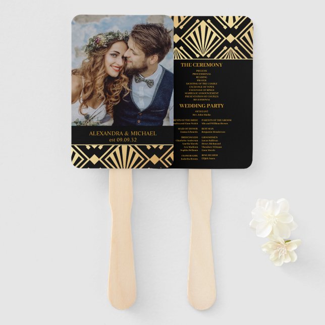 Glam Art Deco Black Gatsby 1920s Style Wedding Fächer (Vorne und Hinten)