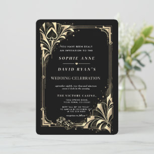 Glam Art Deco Casino Gold Schwarz QR-Code Hochzeit Einladung