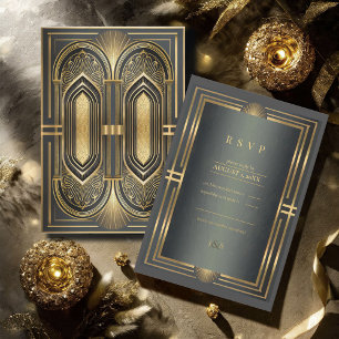 Glam Art Deco Wedding Black/Gold ID1033 RSVP Karte