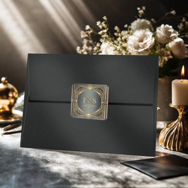 Glam Art Deco Wedding ID1033 Quadratischer Aufkleber (Von Creator hochgeladen)