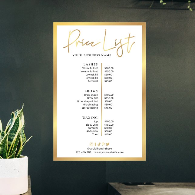 Glam Beauty Lashes Imitate Gold Price List Poster (Elegant faux gold and white price list of services poster)