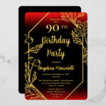 Glam Berries | Blätter Frame 90th Birthday Foil In Folieneinladung<br><div class="desc">Elegante und glamouröse reale Goldfolie-Blätter und Beeren Rahmen und Text 90. Geburtstag Einladung Design auf einem Imitat Glitzer rot und schwarz Hintergrund mit Imitaten Glitzern. Composite Design von Holiday Hearts Designs.</div>