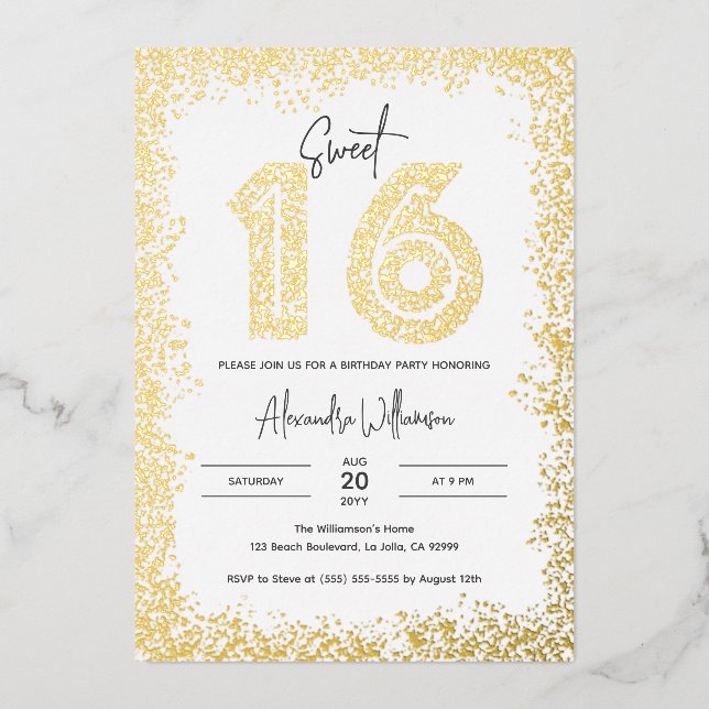 Glam Birthday Party Foto Sweet 16 Real Gold Folieneinladung (Vorderseite)