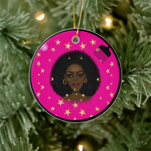 Glam Black Afro Hair Pic Lippenstift Rosa Mond Keramik Ornament