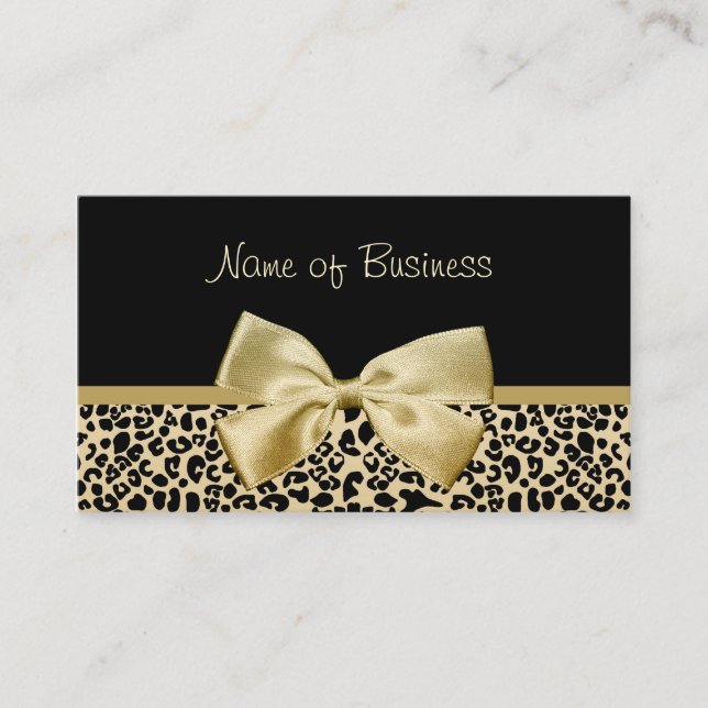 Glam Black and Gold Leopard Print Gold Ribbon Visitenkarte (Vorderseite)