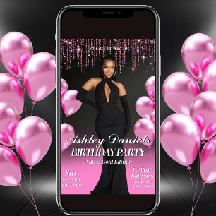 Glam Black and Pink Geburtstagsparty Einladung