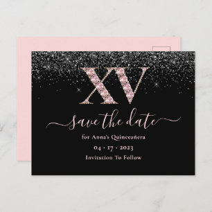Glam Black and Pink Quinceanera Save the Date Postkarte