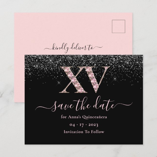 Glam Black and Pink Quinceanera Save the Date Postkarte (Vorne/Hinten)