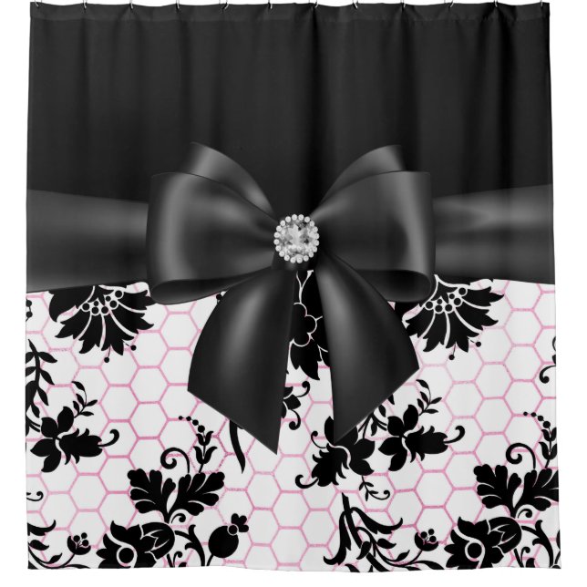 Glam Black Bow-Black Stencil-White Pink Duschvorhang (Vorderseite)