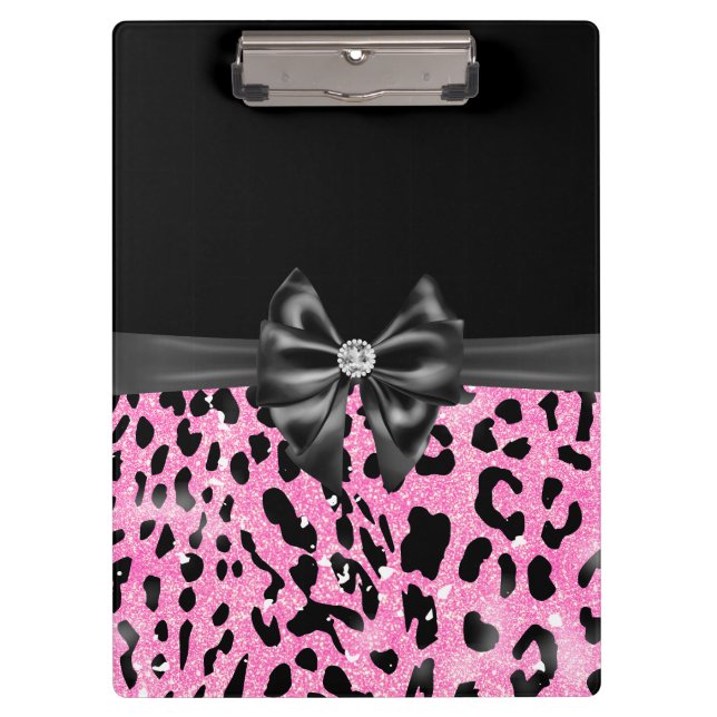 Glam Black Bow Diamond Pink Glitzer Leopard Klemmbrett (Vorderseite)