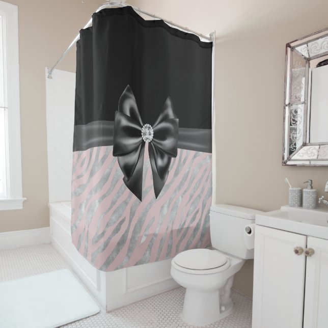 Glam Black Bow Diamond Pink Silver Zebra Print Duschvorhang (Beispiel)