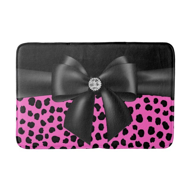 Glam Black Bow-Pink Leopard Print Black Badematte (Vorderseite)