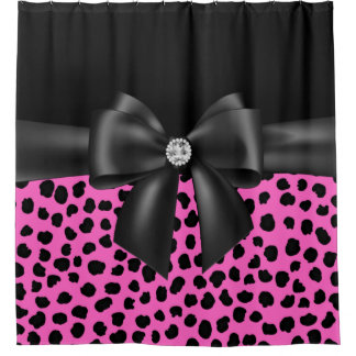 Glam Black Bow-Pink Leopard Print Black Duschvorhang