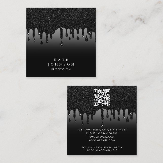 Glam Black Driving Glitzer QR Code Social Media Quadratische Visitenkarte (Vorne/Hinten)
