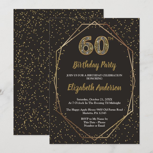 Glam Black Gold 60th Birthday Party Einladung (Vorne/Hinten)