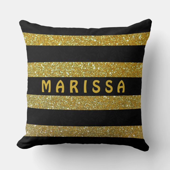 Glam Black & Gold Glitzer Glitzern Monogram Name Kissen (Vorderseite)