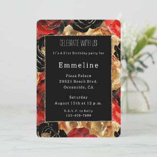 Glam Black Gold Glitzer Glitzy Floral Geburtstag Einladung
