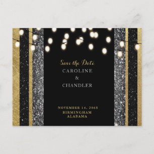 Glam Black & Gold Glitzer Lights Save the Date Ann Ankündigungspostkarte