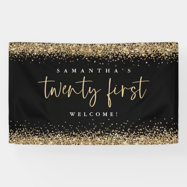 Glam Black Gold Glitzer Name Willkommen 21. Banner (Horizontal)