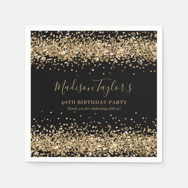 Glam Black Gold Glitzer Sparkle Confetti Geburtsta Serviette (Vorderseite)