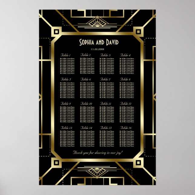 Glam Black Gold Great Gatsby 20s Seating Chart Poster (Vorne)