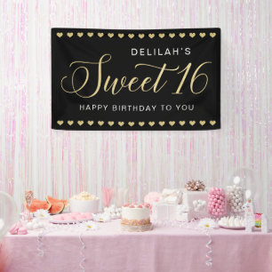 Glam Black Gold Herz Sweet 16 Geburtstag Banner