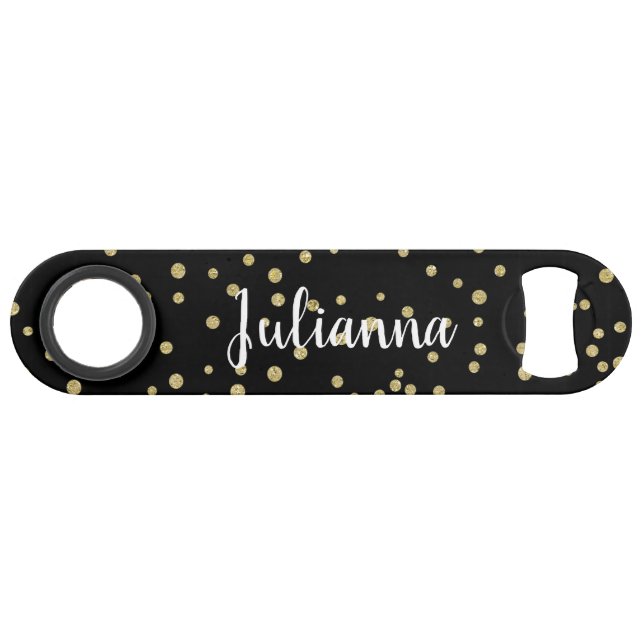 Glam Black Gold Holiday Dot Muster Personalisiert Speed Flaschenöffner (Vorderseite (Horizontal))