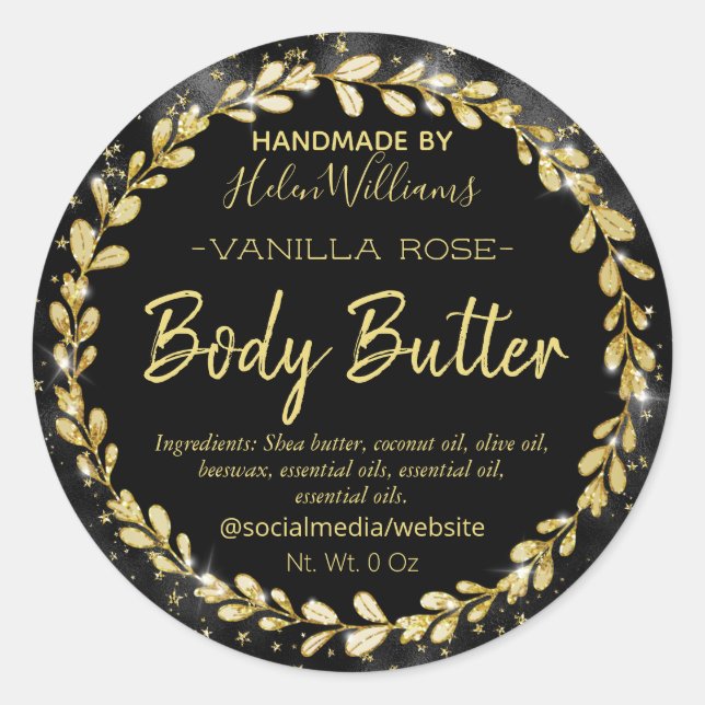 Glam Black Gold Leafframe Butter Labels Runder Aufkleber (Vorderseite)