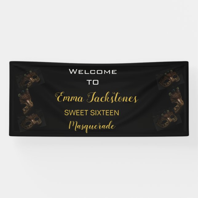 Glam Black & Gold Masquerade Geburtstag Willkommen Banner (Horizontal)