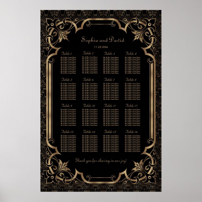 Glam Black Great Gatsby Art Deco 20s Seating Chart Poster (Vorne)