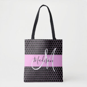 Glam Black Metallic Pink Honeycomb Monogram Name