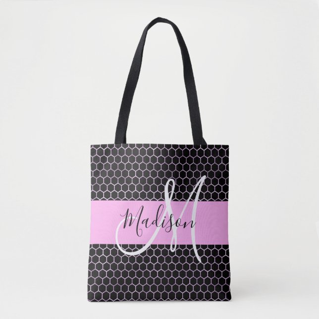 Glam Black Metallic Pink Honeycomb Monogram Name (Vorderseite)