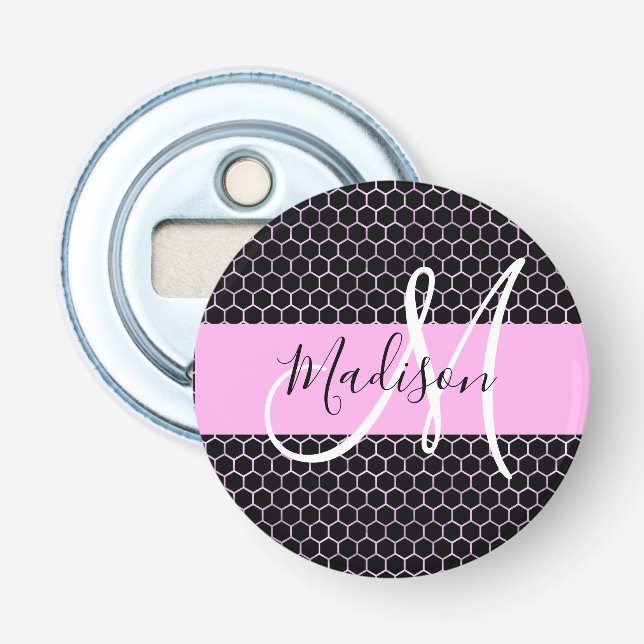 Glam Black Metallic Pink Honeycomb Monogram Name Flaschenöffner (Vorderseite)