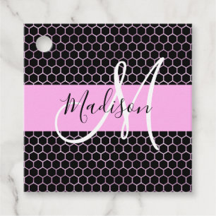 Glam Black Metallic Pink Honeycomb Monogram Name Geschenkanhänger