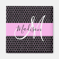 Glam Black Metallic Pink Honeycomb Monogram Name
