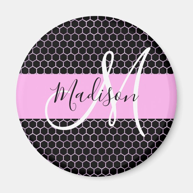 Glam Black Metallic Pink Honeycomb Monogram Name Magnet (Vorne)