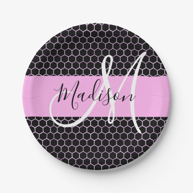 Glam Black Metallic Pink Honeycomb Monogram Name Pappteller (Vorderseite)