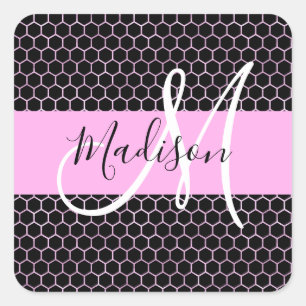 Glam Black Metallic Pink Honeycomb Monogram Name Quadratischer Aufkleber