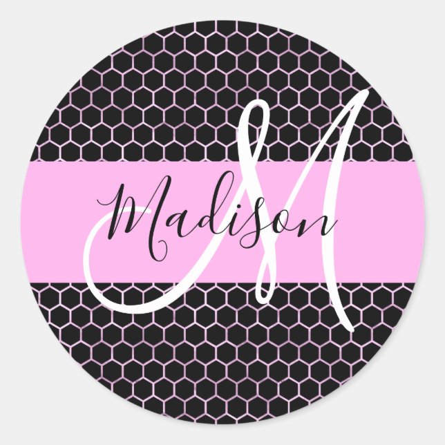 Glam Black Metallic Pink Honeycomb Monogram Name Runder Aufkleber (Vorderseite)
